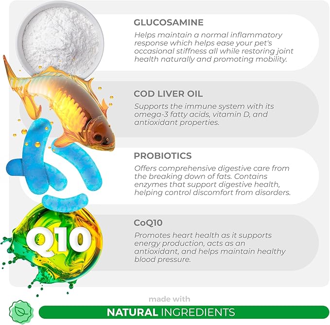 10 in 1 Multivitamin for Dogs - Glucosamine Chondroitin for Joint Support + Digestive Enzymes & Probiotics - Cod Liver Oil & Vitamins with Coq10 for Skin & Heart Health, Gut & Immune Support-PurrikoPets