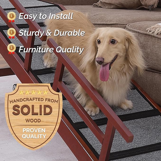 Dog Ramp for Bed or Couch, Wooden Pet Ramp with 20° Gentle Slope, Removable Side Rails, Non-Slip Surface, Top Platform & Wheels, Safe Bed Ramp for Small, Medium & Senior Dogs, 60" Long, Mahogany-PurrikoPets
