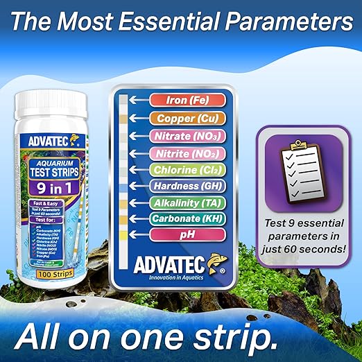 9 in 1 Aquarium Test Strips for Salt & Freshwater, Fish Tank Tester Kit for Iron, Copper, Carbonate, pH, Nitrate, Nitrite, Chlorine, Total Hardness & Alkalinity - 100 Count-PurrikoPets
