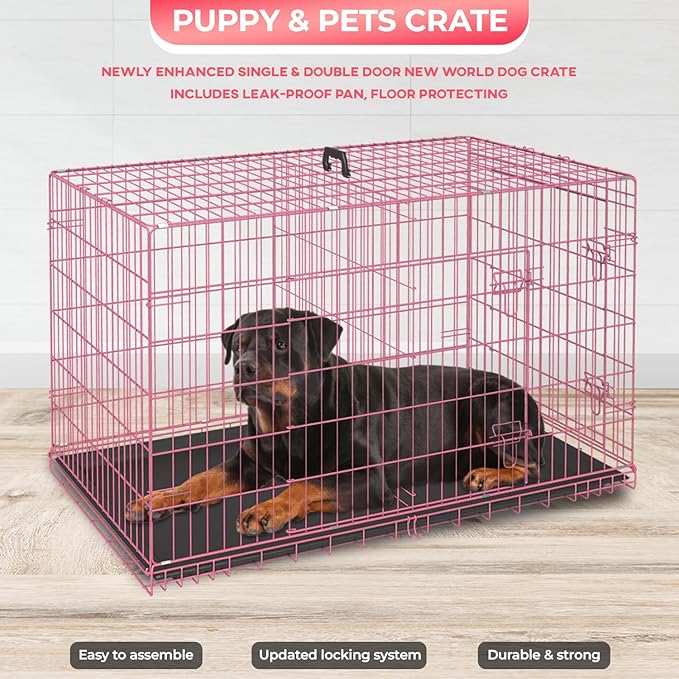 FDW Dog Crate for Large Dogs 48 Inch Folding Metal WirePet Cage Double Door W/Divider Panel Indoor Outdoor Kennel Leak-Proof Plastic Tray,Pink-PurrikoPets