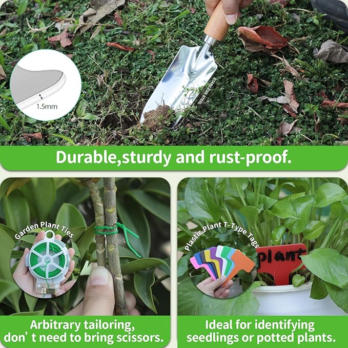 Garden Tool Set, 3 Pieces Gardening Kit with Garden Plant Twist Tie and Plastic Plant Tag, Stainless Steel Heavy Duty Garden Tools with Wooden Handle, Gardening Gifts for Women-PurrikoPets