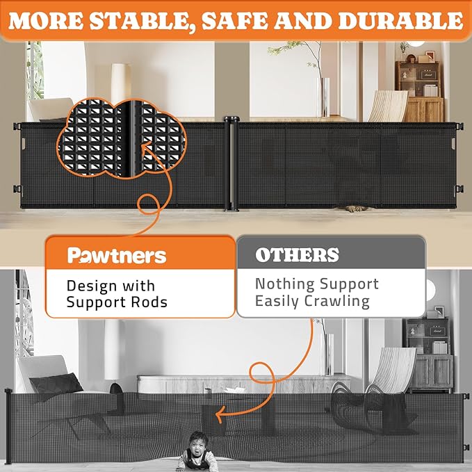 2-in-1 Retractable Baby Gates, 41" Tall Mesh Dog Gate 1-Pack, One Side Up to 200" Wide, Total 400" Wide, Long Retractable Pet Gate for Yard Swimming Pool Garage Indoor Outdoor-Black-PurrikoPets