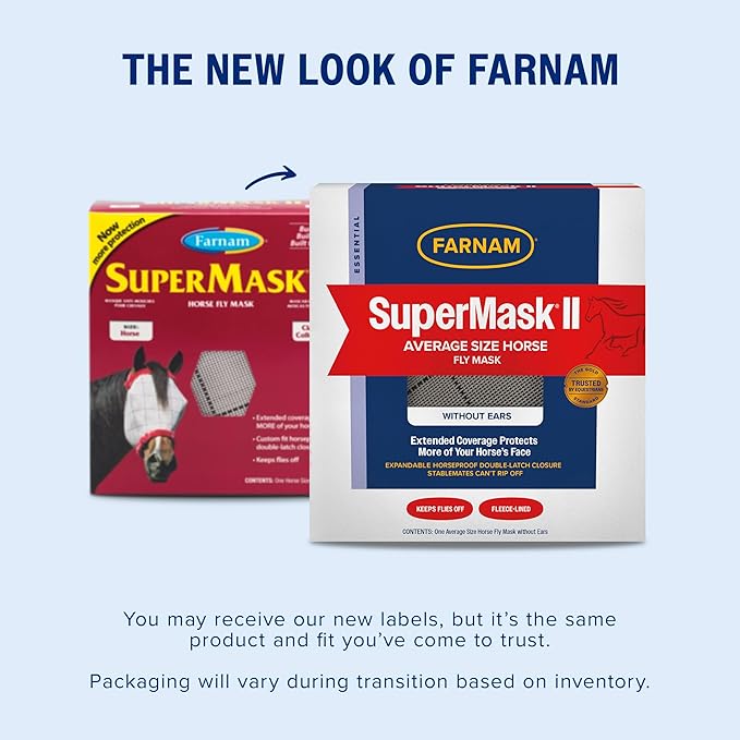 Farnam SuperMask II horse fly mask without ears, extended coverage, protects eyes from insects and debris, adjustable throat latch, Average Horse Size-PurrikoPets