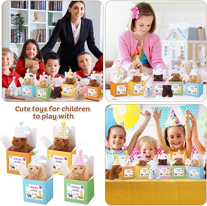 20 Pcs Mini Plush Dog Bulk 4 Inch Small Stuffed Puppy Set Include 20 Adopt a Pet Kraft Paper Boxes and 20 Cute Cone Hats Soft Dog Animals for Kids Birthday Adopt a Puppy Favor Gifts-PurrikoPets