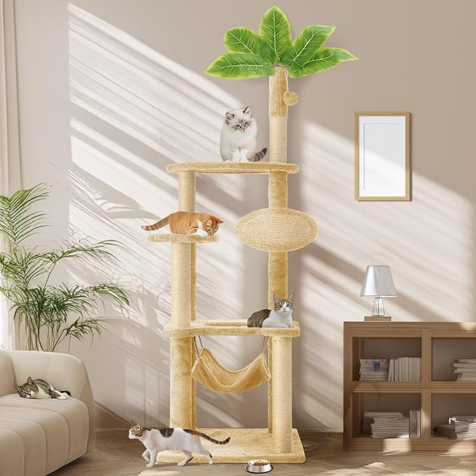 55 Inch Large Cat Tree Tower for Indoor Cats with Hammock Green Leaves Sisal Scratching Post, Plush Hang Ball Play Furniture for Kittens & Adult Cats, New Beige-PurrikoPets
