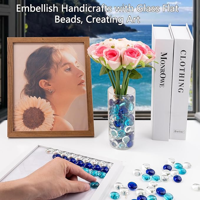 1LB Mixed Blue Glass Marbles, Transparent and Smooth Flat Glass Beads for Vases, Mosaic Gem Pebbles for Aquarium Decor, Floral Arrangements, Mancala Stones, Vase Filler and Crafts (Approx. 80-100 PCS)-PurrikoPets