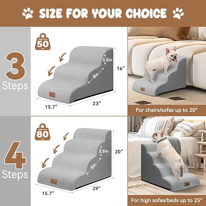 Dog Ramp and Stair for Bed 16" H-20 H,3-Step Cat Stair for Sofa and Chair,4-Step Dog Ramp for High Bed and Window,Durable Nonslip Fabric Cover for Indoor (Light Grey-20 H, Pet Friendly, 4)-PurrikoPets