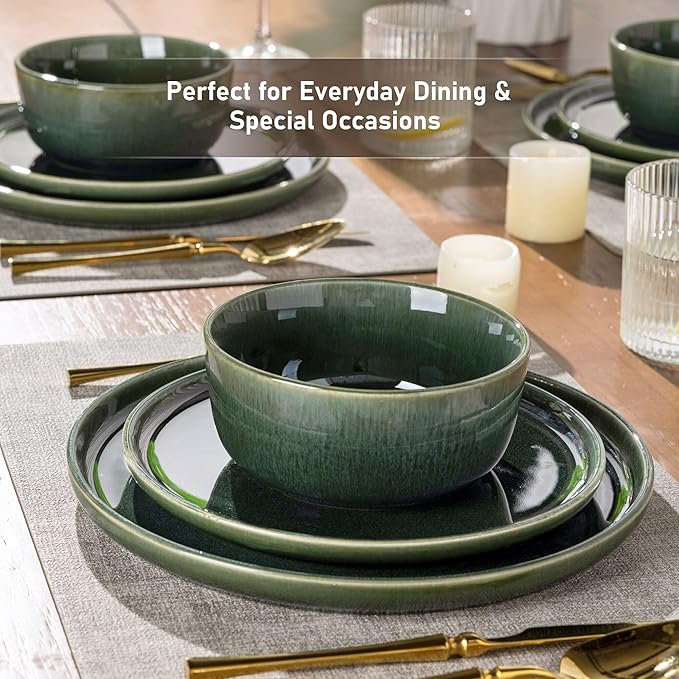 GBHOME Ceramic Dinnerware Sets for 6, 18 Pieces Stoneware Plates and Bowls Sets, Reactive Glaze Dishes -Scratch Resistant, Dishwasher&Microwave Safe, Earth Green-PurrikoPets