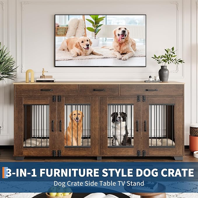 71 Inch Dog Crate Furniture for 2 Rooms, Wooden Double Crate Large Breed with Door, Dog Kennel Indoor, TV Stand End Table with Divider for Large Medium Dogs,Brown-PurrikoPets
