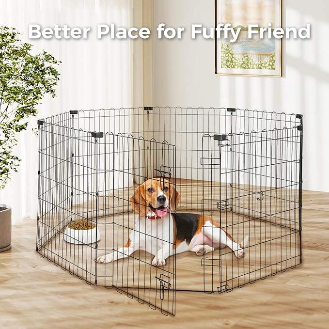 Foldable Dog Playpen 30" Height 8 Panels Metal Exercise Pen with Door - Indoor/Outdoor Puppy Playpen for Small Dogs, Portable Pet Fence for Yard Garden Camping, Black-PurrikoPets