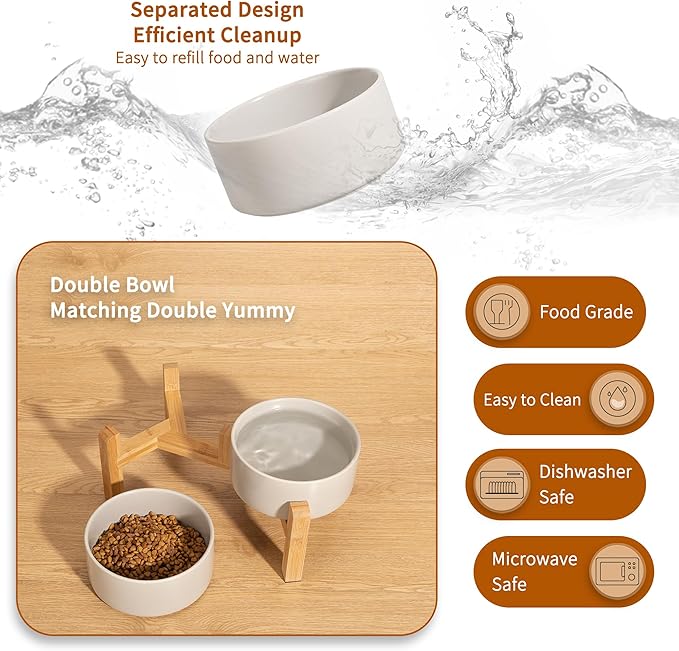 Elevated Ceramic Dog Bowl Set - Raised Dog Bowls with Non-Slip Bamboo Stand - Dog Food and Water Bowl Set - Double Dog Feeding Bowls - Suitable for Small and Medium Dogs - 28.74 OZ - 3.6 CUPS - 850 ML-PurrikoPets