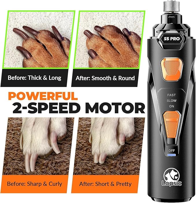 Dog Nail Grinder with 2 LED Lights Powerful 2 Speeds Super Quiet Dog Nail Trimmers with 3 Grinding Wheels Rechargeable Pet Dog Nail Clippers for Large Medium Puppy Dogs Dog Nail File Cat Nail Clipper-PurrikoPets