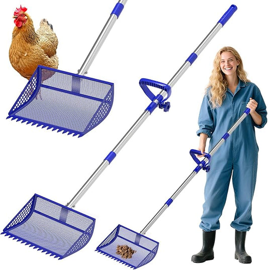 12 Inch Chicken Poop Scooper & Rake 2-in-1, Large Metal Shovel Head, Rubber Handle Stainless Steel Chicken Litter Scoop for Chicken Coops, Litter Screening Scoop (35 to 65in) US Patent Pending (Blue)-PurrikoPets
