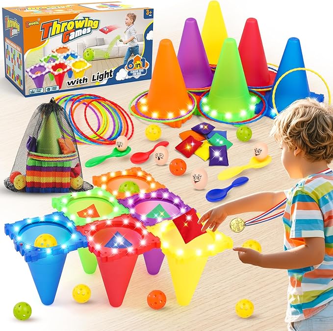 Eocolz 49PCS Carnival Games Outdoor Combo Set for Kids with LED Light, Plastic Cones Obstacle Course Bean Bags Balls Ring Toss Game Egg and Spoon Race Lawn Game, Gift for Birthday Party/Xmas/Easter-PurrikoPets