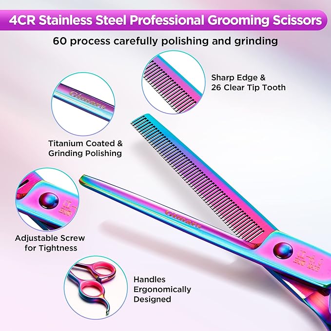 Gimars Professional 4CR Stainless Steel 6 in 1 Grooming Scissors for Dogs with Safety Round Tip, Heavy Duty Titanium Coated Pet Grooming Scissor for Dogs, Cats and Other Animals-PurrikoPets