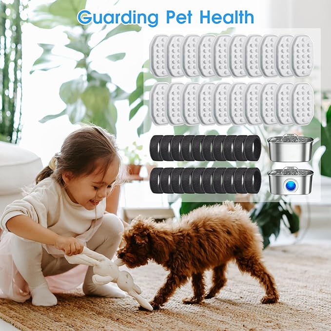 40 Pack Cat Water Fountain Filters-Cat Fountain Replacement Filters for Stainless Steel 3.2L/108oz Adjustable Water Flow Cat Fountain(20 Pack Pet Water Filter Refills+20 Pack Sponges)-PurrikoPets