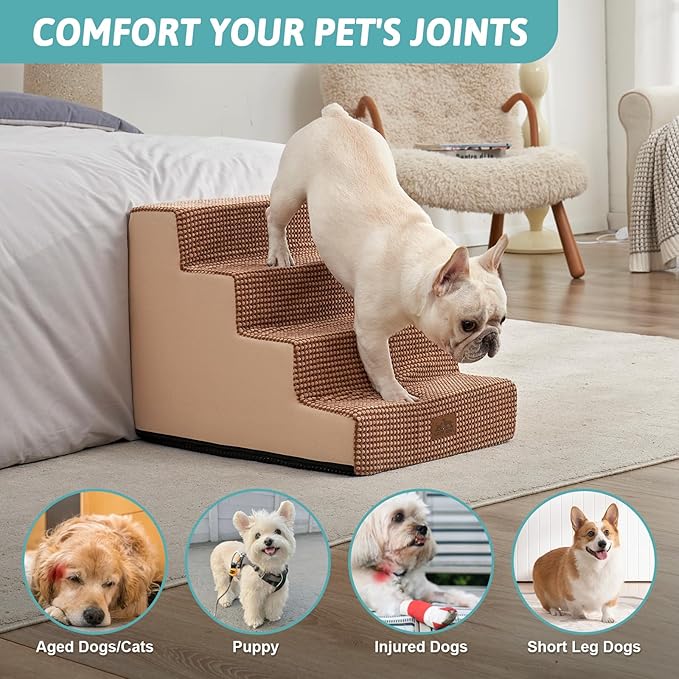Dog Stairs for Small Dogs, 4 Tier Wider Pet Stairs for Couch and Beds, 17.7" H Non-Slip Dog Steps for Old Cats, Puppy, Small Medium Dogs, 17.7x23.6x17.7 inch, Light Brown-PurrikoPets