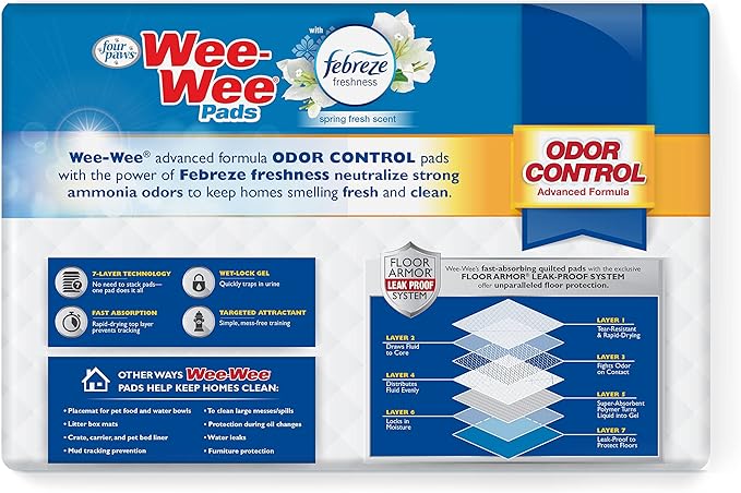 Four Paws Wee-Wee Odor Control with Febreze Freshness Pee Pads for Dogs & Puppies, Leak-Proof Dog Housebreaking Potty Training Floor Protection, Spring Fresh Scent, 22" x 23", 50 Count-PurrikoPets