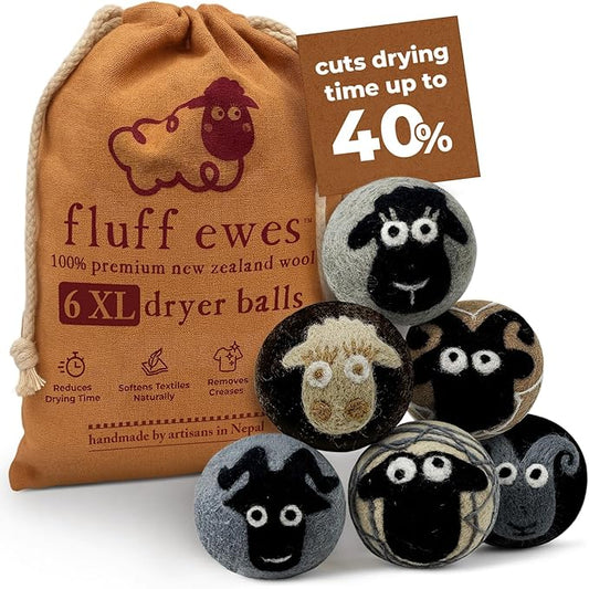 Fluff Ewes Wool Dryer Balls 6 Pack Premium New Zealand Wool Laundry Balls for Dryer, No Static Dryer Balls Laundry Reusable, XL Wool Dryer Balls Cute, Baby Dryer Balls for Dryers - Classic-PurrikoPets