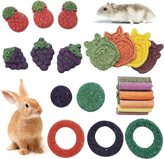 Fhiny 27 PCS Natural Bunny Chew Toys Molar Rabbit Toys Contain Timothy Grass Pumpkin Beets Purple Potatoes Carrot Hamster Treats for Chinchillas Guinea Pigs Mice Gerbils Teeth Grinding-PurrikoPets