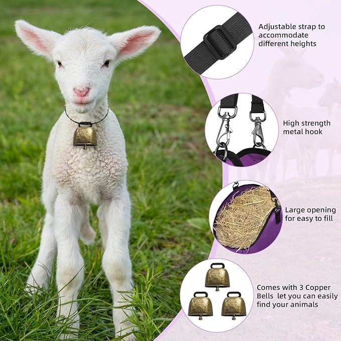 3 PCS Goat Hay Feeder,Hay Bags for Horses,Goats,Donkeys with Reinforced Oxford Fabric and High Strength Metal Clasp,Horse Feeding Supplies with Adjustable Strap for Easy Hanging(2Purple+1Orange)-PurrikoPets