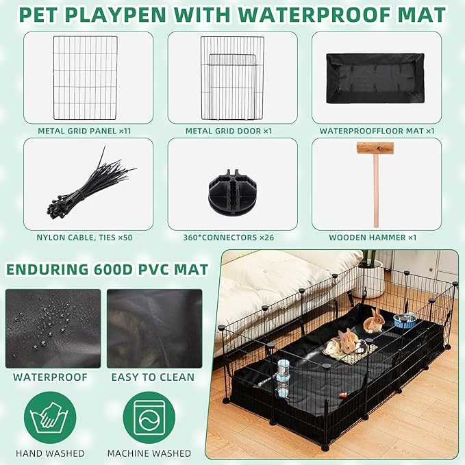 104 Pcs Rabbit Starter Kit Litter Box Bunny Tunnel Pet Playpen with Waterproof Mat Water Bottle Animal Grooming Kit Bowl Blankets with Cleaning Set for Guinea Pig Rabbit Accessories-PurrikoPets