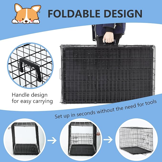 FDW 30 inch Dog Crate Dog Kennel Cage with Double Door Folding Metal Wire Dog Cage with Removable Tray&Divider Panel,Pet Crate for Medium Dogs,Black-PurrikoPets