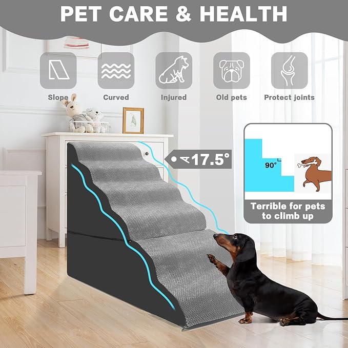 Dog Stairs for High Beds 30-36 inches Tall, 6-Step Dog Steps for Bed 32-36 inches for Small Large Dogs, Dog Ramp for Bed, 30D Foam Pet Stairs/Steps for High Beds for Old Dogs/Cats, Grey-PurrikoPets
