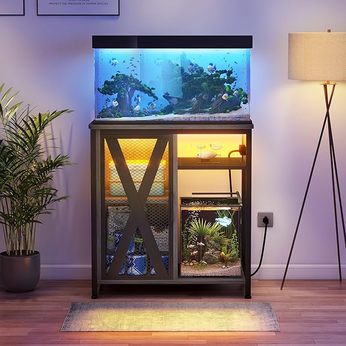 DWVO 20-29 Gallon Aquarium Stand with Power Outlets & LED Light, Cabinet for Fish Tank Accessories Storage - Metal Fish Tank Stand Suitable for Turtle Tank, Reptile Terrarium, 350LBS Capacity, Grey-PurrikoPets