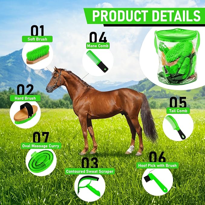 9 Pieces Horse Grooming Kit Tack Room Supplies Set with Organizer Tote Bag, Oval Massage Curry, Hard and Soft Brush, Hoof Pick, Sweat Scraper, Bathing Sponge, Combs for Horse Riders Beginners (Green)-PurrikoPets