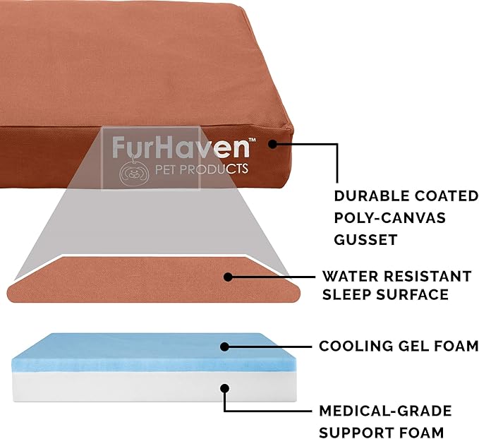 Furhaven Water-Resistant Cooling Gel Dog Bed for Medium/Small Dogs w/ Removable Washable Cover, For Dogs Up to 35 lbs - Indoor/Outdoor Logo Print Oxford Polycanvas Mattress - Chestnut, Medium-PurrikoPets