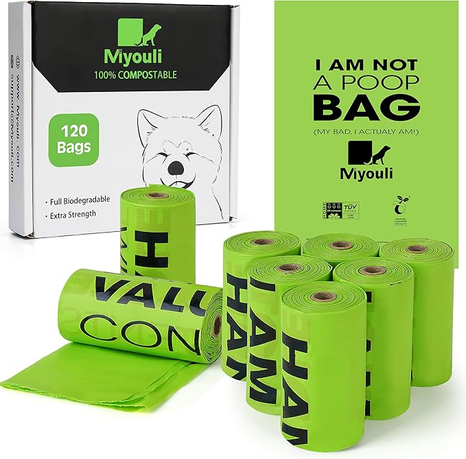 100% Certified Compostable Dog Poop Bag Rolls, 120 Bags (8 Rolls) Eco-Friendly Poop Bags for Dogs, Leak Proof Unscented Easy Open Poop Waste Bag（Green）-PurrikoPets