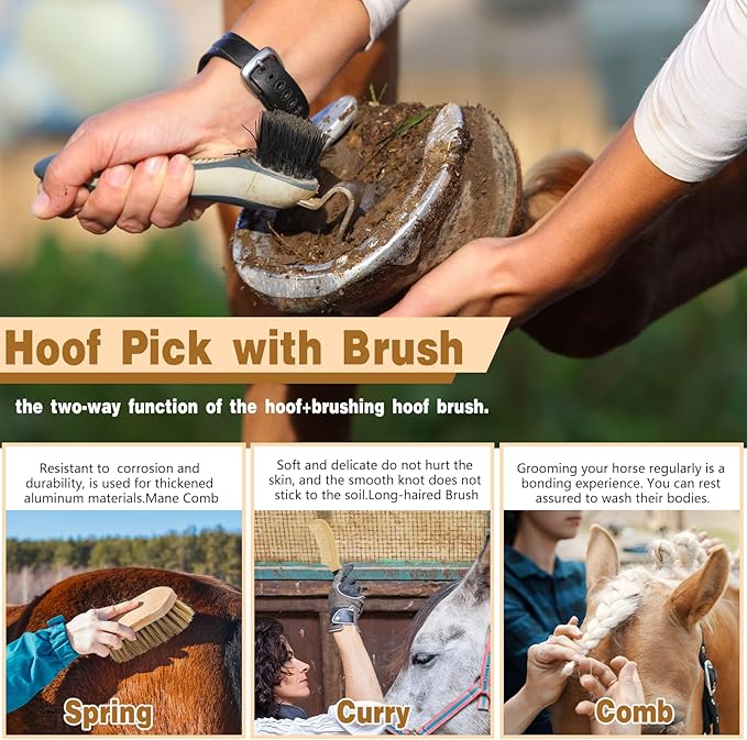 Abbylike 12 Pieces Horse Grooming Kit Racing Festival Tack Room Supplies Horse Brush Sets Equine Care Cleaning Kit Shedding Grooming Massaging Tools(Khaki)-PurrikoPets