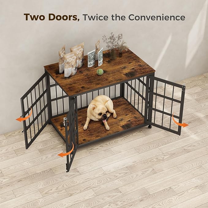32 Inch Heavy Duty Wooden Dog Kennel End Table with Double Door Design and Secure Locks, Indoor Pet Crate Furniture for Medium Dogs, Decorative Home Cage Design,Aged Black-PurrikoPets