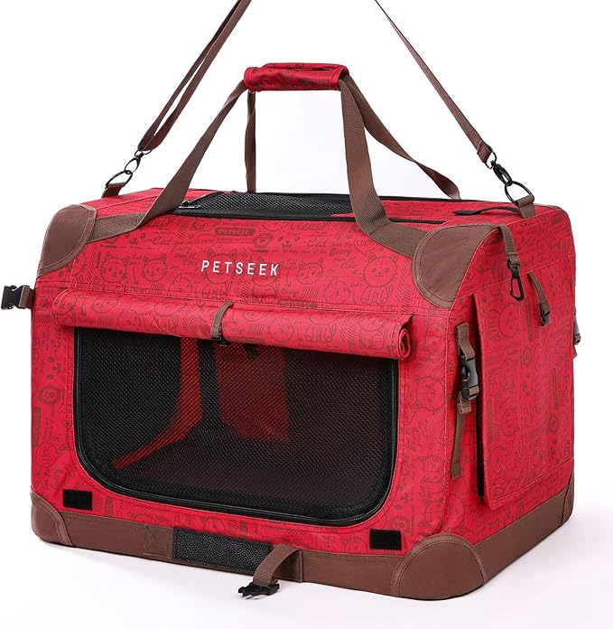 Extra Large Cat Carrier Soft Sided, Portable Small Dog Carrier for 2 Cats, 24"x16.5"x16" Car Travel Folding Comfortable Design, Red-PurrikoPets