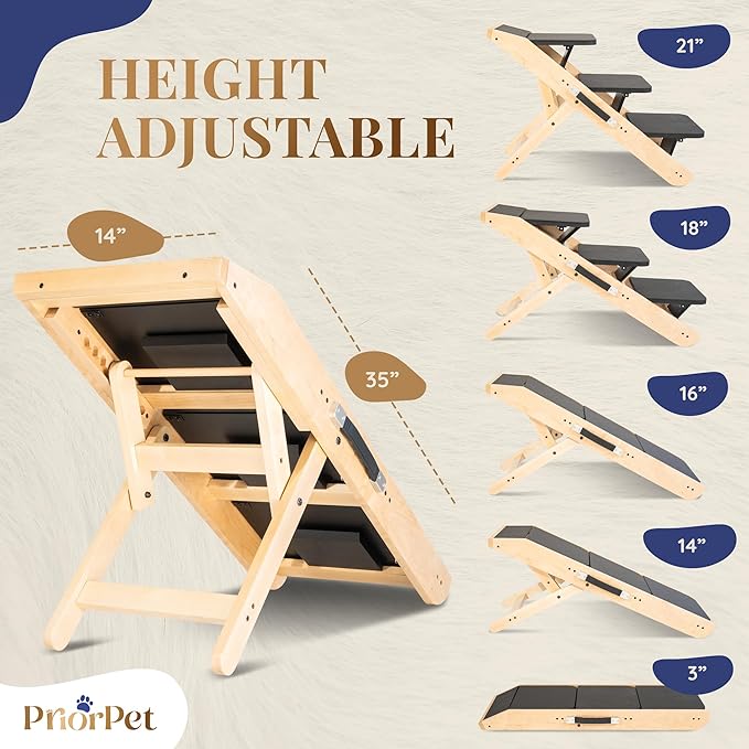 Dog Steps for Bed & Couch 2-in-1 Dog Stairs/Ramp - Height Adjustable Dog Ramp for Couch 7” - 20” - Pet Stairs, Dog Stairs for Small Dogs - Easy to Move Pet Steps with Landing Platform, Natural-PurrikoPets
