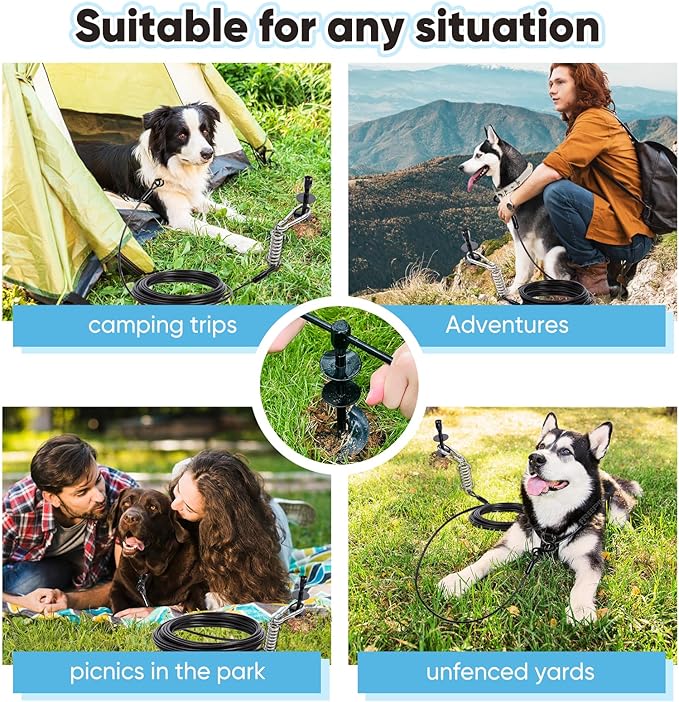 Dog Tie Out Stake for Large Dogs – Heavy Duty In-Ground Dog Anchor up to 210 lbs – Secure Tether Stake for Yard, Camping & Beach – Easy Install with Tool, Works with Tie Out Cable & Leash, Black-PurrikoPets