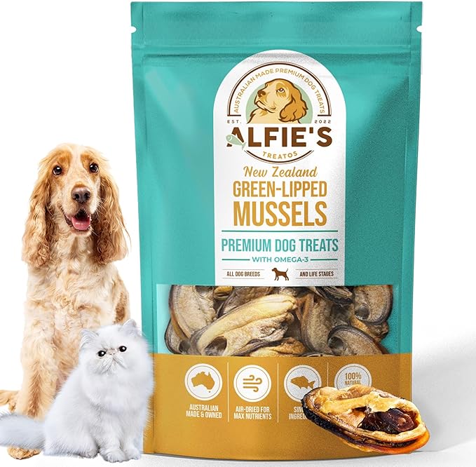 ALFIE'S TREATOS Green Lipped Mussels for Dogs & Cats (2.65 oz), Air-Dried Dog Treats, Natural Supplement & Omega-3 Food Topper, Single Ingredient, Freeze-Dried Alternative-PurrikoPets