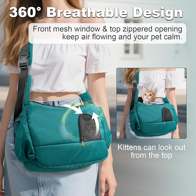 Dog Sling Carrier for Small Pets, Hands-Free Cat Carrier Pouch up to 8.8 lb, Cat Sling with Safety Strap and Pockets, Ideal for Travel and Daily Use, Peacock Blue-PurrikoPets