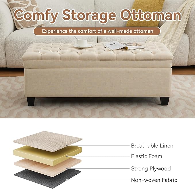 51" Fabric Storage Ottoman Bench, Upholstered Rectangle End of Bed Storage Ottoman Tufted Living Room Bedroom Bench with Safety Hinge, Solid Wood Legs, Loads 500 lb(Khaki)-PurrikoPets