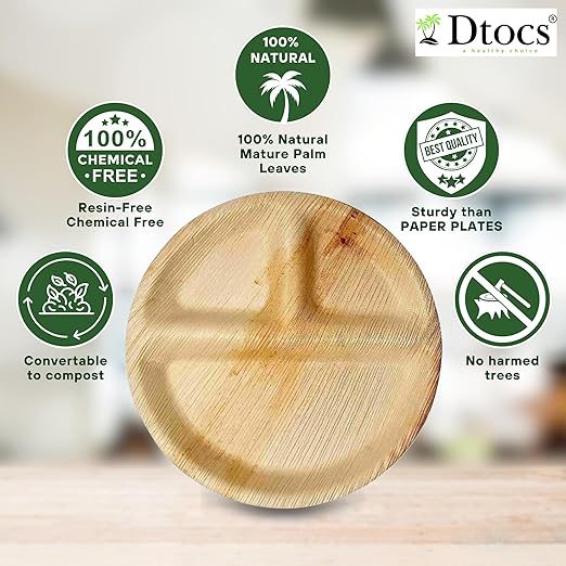 Dtocs 3 Compartment Plates (50 Pc) Palm Leaf 10 Inch Round Portion Control Buffet Sectional Plate | Bamboo Plates Disposable Like Compostable Camping Dinnerware Stronger than Divided Paper, Styrofoam-PurrikoPets