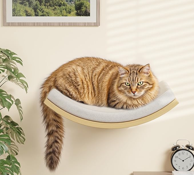 4-Piece Cats Wall Furniture with Cat Window Perch – Wood Wall Mounted Cat Shelves Set with Foam-Padded Curved Bed, Flat Perch & 4-Step Cats Stairs-PurrikoPets