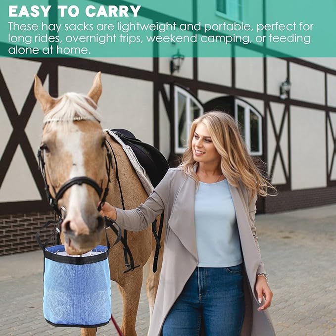 2 Pcs Horses Feed Horse Bag for Grain Hay Bags Heavy Duty Mesh Horse Feeder with Adjustable Strap Comfort Neck Pad Nose Pad and Waterproof Bottom Muzzle(Blue)-PurrikoPets