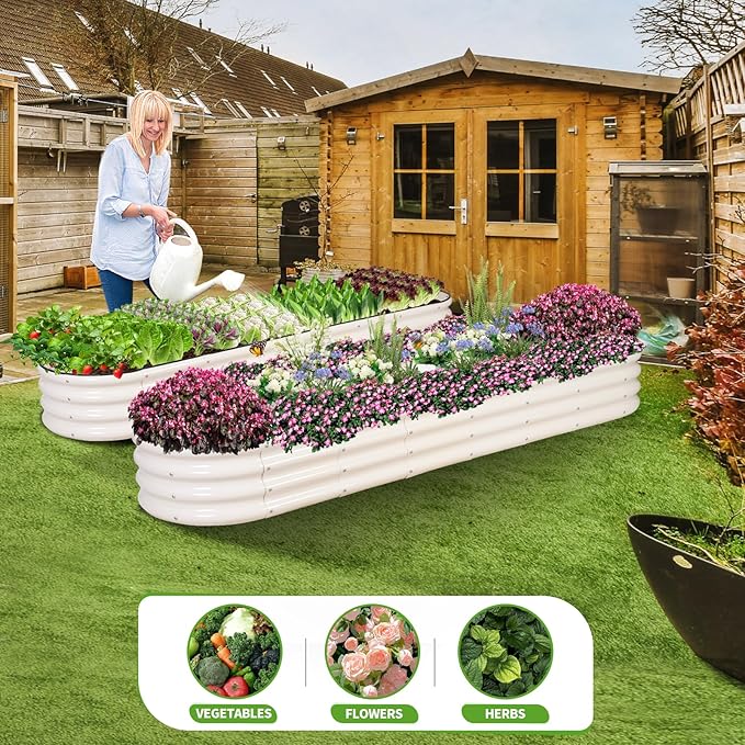 Galvanized Raised Garden Bed - 8x2x1FT Metal Planter Boxes Outdoor | Oval Steel Raised Bed Kit for Gardening with Protective Tape, Bracing Rods, Gloves for Vegetables, Flower, Herb (White)-PurrikoPets