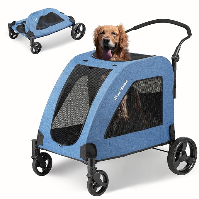 EchoSmile Heavy-Duty Large Dog Stroller with Shock-Absorbing Wheels, Foldable Pet Travel Carrier for Medium & Large Dogs, 5 Mesh Windows, 160 lbs Capacity, Easy Assembly & Storage-PurrikoPets