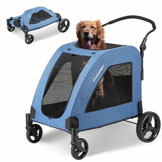 EchoSmile Heavy-Duty Large Dog Stroller with Shock-Absorbing Wheels, Foldable Pet Travel Carrier for Medium & Large Dogs, 5 Mesh Windows, 160 lbs Capacity, Easy Assembly & Storage-PurrikoPets
