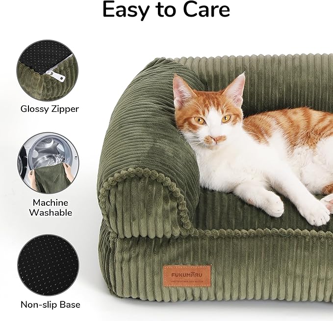 FUKUMARU Dog Couch Bed, Corduroy Cozy Cat Bed for Indoor Cats with Washable Cover, Supportive Waterproof Dog Beds Sofa for Small Dogs and Large Cats Cute, 28inch, Medium, Green-PurrikoPets