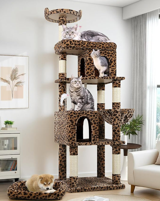 Globlazer Heavy Duty Cat Trees for Large Cats, Sturdy 72in Maine Coon Cat Tree for Large Cat 20 lbs+ Heavy Duty Cat Tower for Adult Biggest Cats with 6 Scratching Posts, Hammock, S72, Leopard Print-PurrikoPets