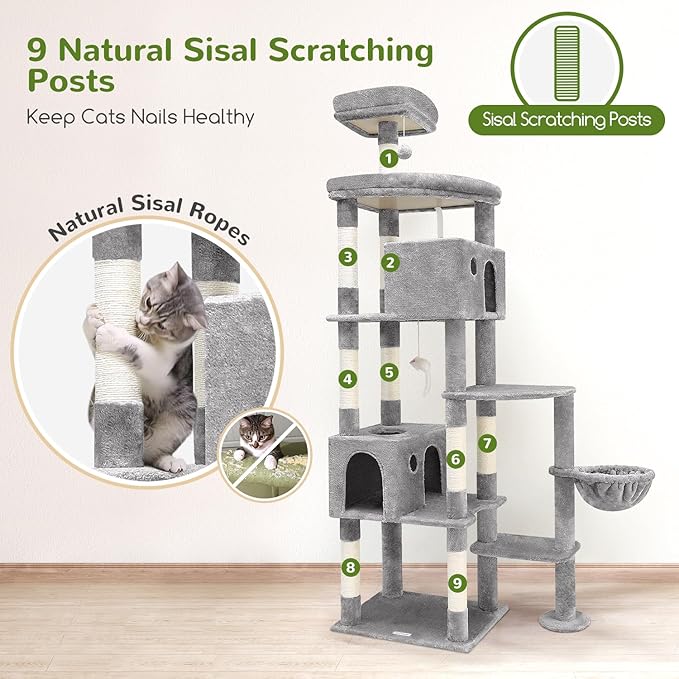 Globlazer Giant Cat Tree, 83 inch Cat Tree for Indoor Cats Large Adult, XXL Cat Tower with 9 Scratching Posts for 20lb+ Heavy Duty Large Adult Cats, F83, Light Grey-PurrikoPets