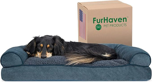 Furhaven Pillow Dog Bed for Medium/Small Dogs w/ Removable Bolsters & Washable Cover - Sherpa & Chenille Sofa - Orion Blue, Medium-PurrikoPets